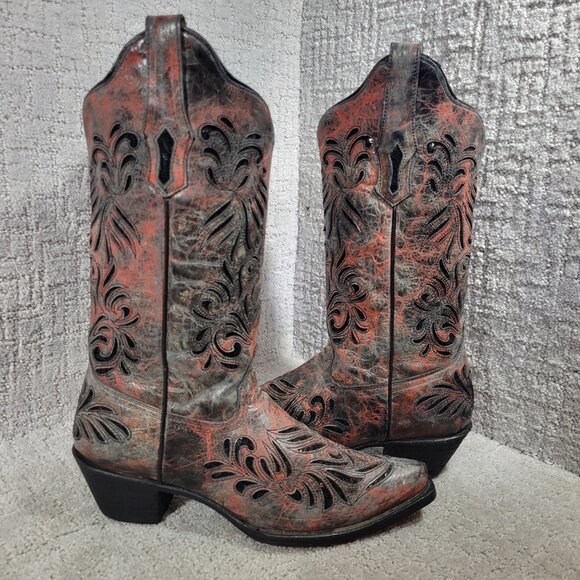 Corral Boots Women's Size 9M US Inlay Leather Red Gray Black Sequins Bling AB012
